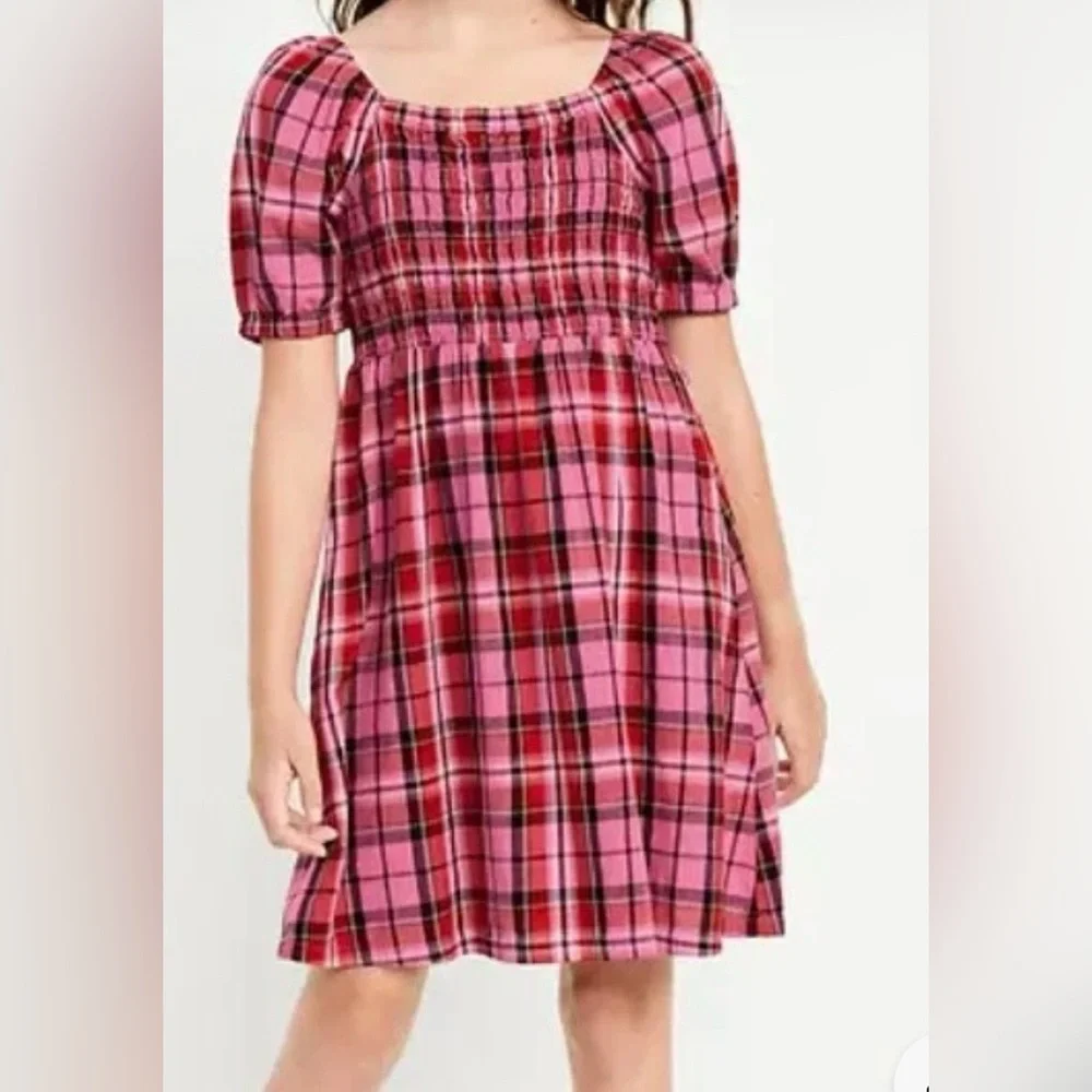 OLD NAVY Girls Pink Plaid Smocked Dress Cotton Puff Sleeves Size 6-7